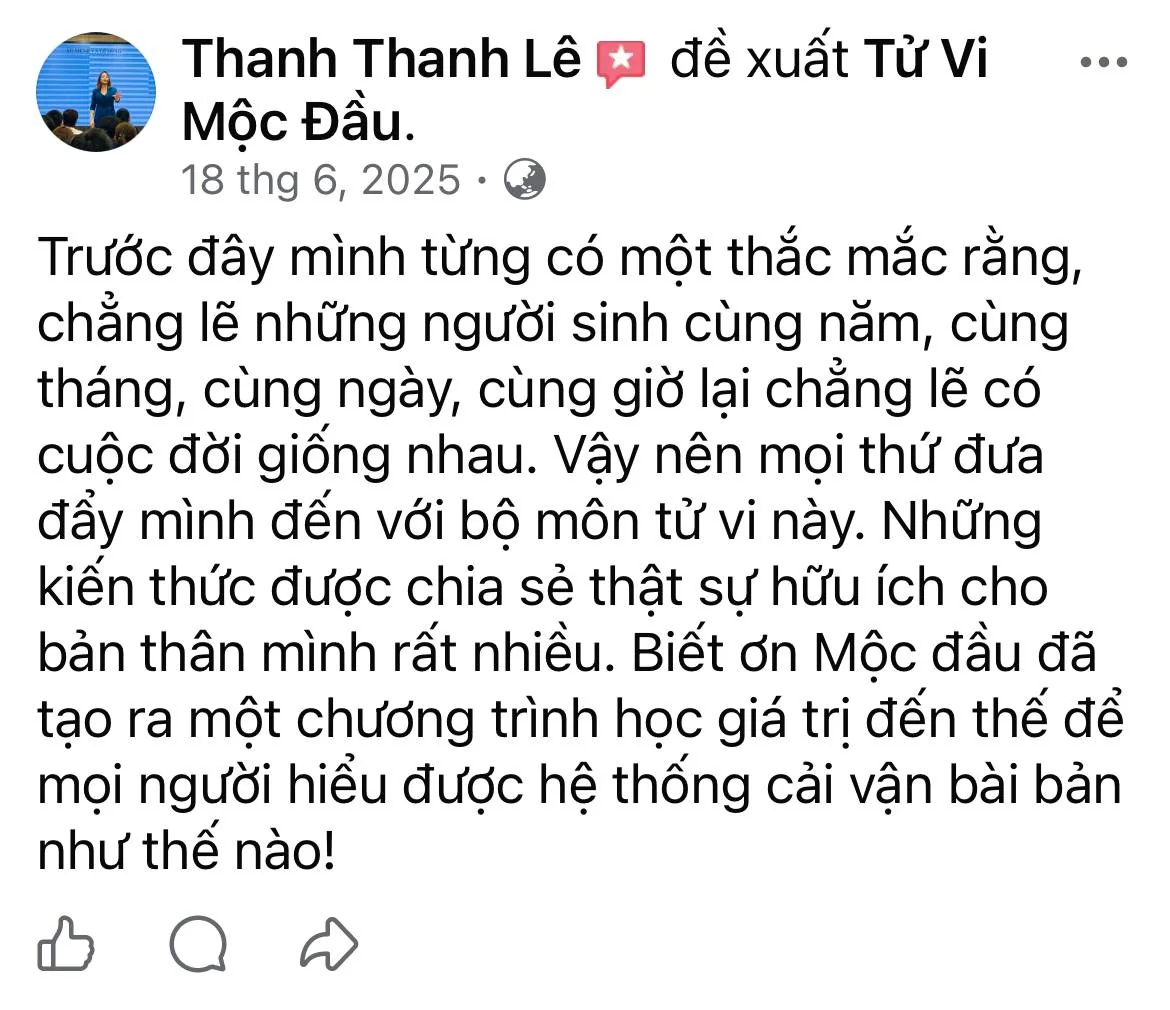 Ảnh chụp đánh giá công khai 1 về Tử Vi Mộc Đầu